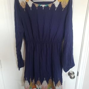 Ya Los Angeles Navy blue embroidery knee length long sleeve dress size L